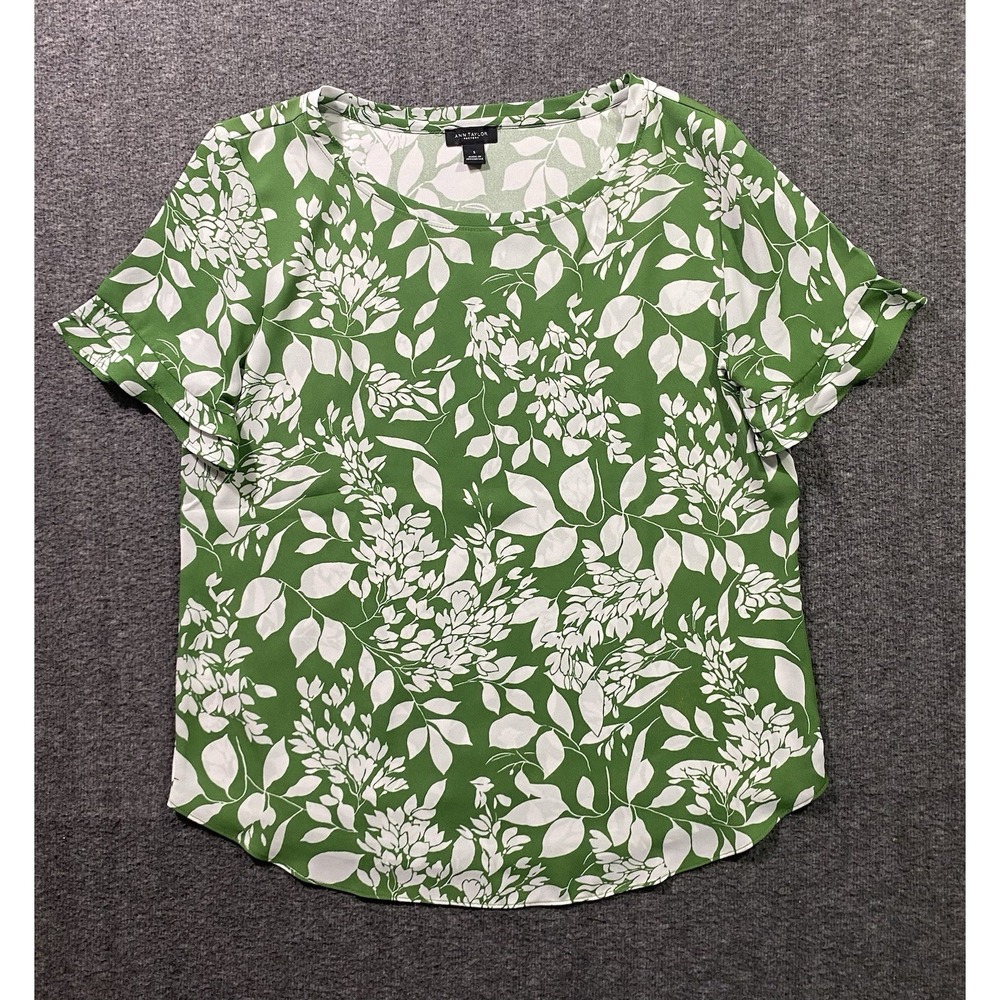 Ann Taylor Blouse Top Womens White Green Floral Slit Short Sleeve Size S